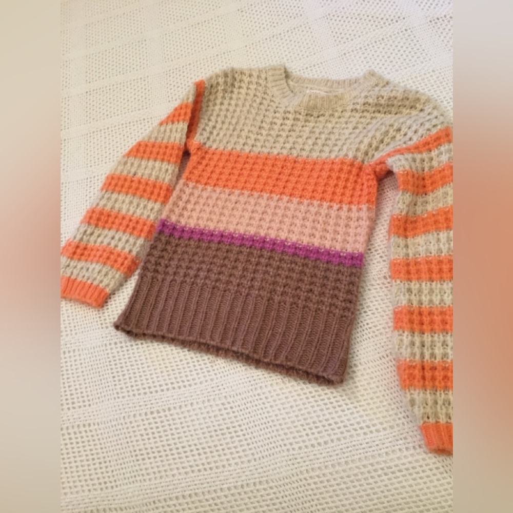 Cat & Jack knitted striped girls sweater 6 cream brown orange waffle thermal 🩷🧡